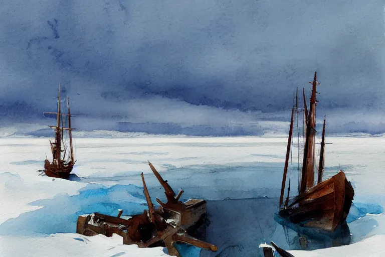 Prompt: small centered on watercolor paper, paint brush strokes, abstract watercolor painting of ancient viking shipwreck in frozen lake in snow, daylight, blue sky, cinematic light, national romanticism by hans dahl, by jesper ejsing, by anders zorn, by greg rutkowski, by greg manchess, by tyler edlin