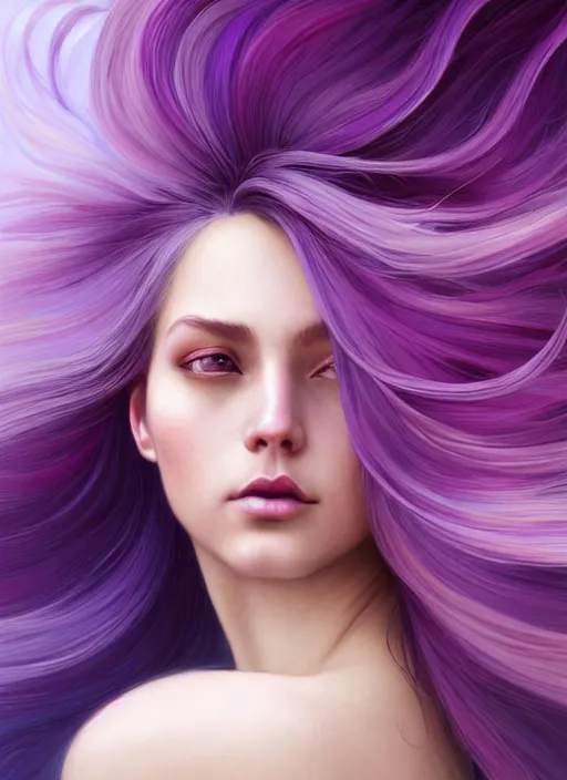 Image similar to Portrait of a woman with bright colored flying hair, all shades of purple. Hair coloring. Hair fluttering in the wind, amber eyes, face, long hair, fantasy, intricate, elegant, highly detailed, digital painting, artstation, concept art, smooth, sharp focus, illustration, art by artgerm and greg rutkowski and alphonse mucha