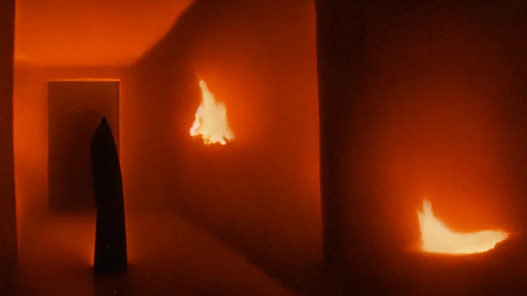 Prompt: the strange creature in the closet, made of fire and wax, film still from the movie directed by Denis Villeneuve with art direction by Salvador Dalí, wide lens