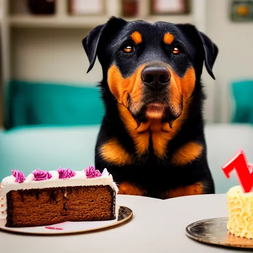 Prompt: a high - quality photo of a cute rottweiler with a birthday cake, 4 5 mm, f 3. 5, sharpened, iso 2 0 0, raw, food photography