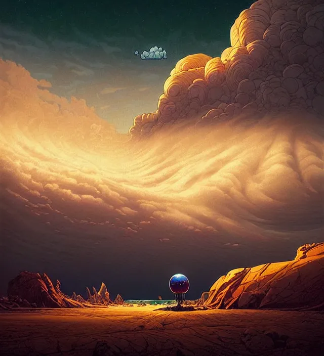 Prompt: a 🌊 swirling in the sky above a barren 🏜 by ivan shishkin and zacharias aagaard and simon stalenhag and dan mumford, chiaroscuro, hyper detailed, high saturation, retrowave, maximalism