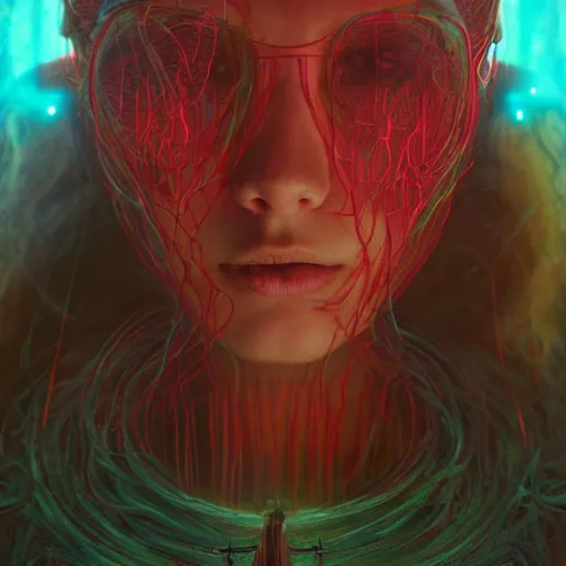 Image similar to Portrait Masterpiece, Wanda Maximoff, furious, red and cyan, glowing, wires everywhere, by Edgar Maxence and Ross Tran, Zdzisław Beksiński, and Michael Whelan, distant, gustav dore, H.R. Giger, 8k, octane render