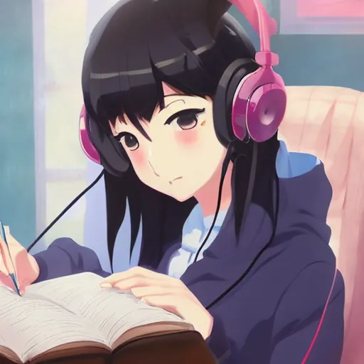 Image similar to Anime painting of a black haired girl wearing headphones while studying in her warm cozy home, by makoto shinkai, relaxed, calm, atmospheric, peacefull, trending on artstation, kimi no na wa