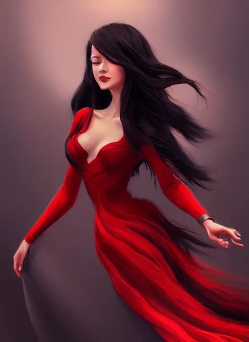 Prompt: a highly detailed illustration beautiful long black haired woman wearing red dress, elegant smiling pose, perfect face, perfect body, intricate, elegant, highly detailed, centered, digital painting, artstation, concept art, smooth, sharp focus, league of legends concept art, wlop