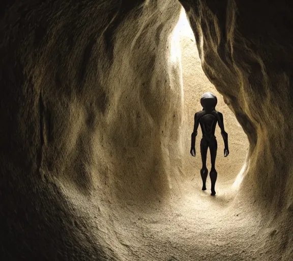 Image similar to humanoid alien walking trough a beautiful cave, xyz(000) H 576