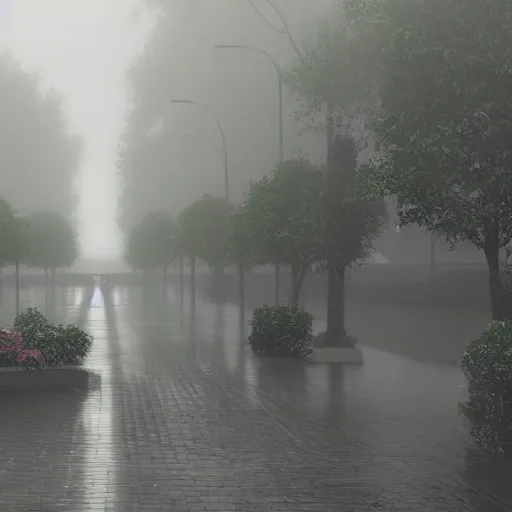 Prompt: [ nostalgic ]!!, sentimental neighborhood accompanied by rainfall and coveted in misty fog, 4 k photorealism