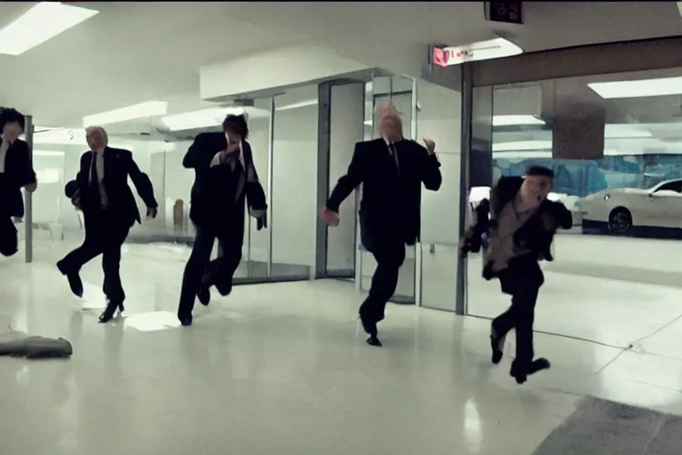 Image similar to dramatic cinematic bank robbers running out of bank wearing trump masks by Emmanuel Lubezki