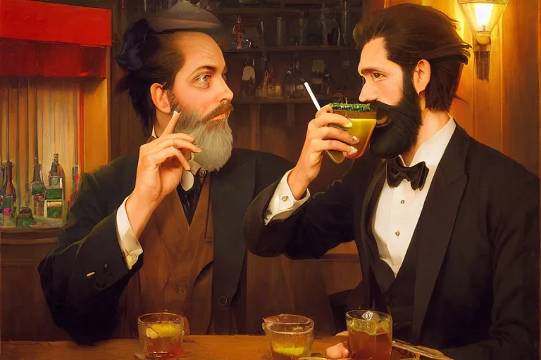 Prompt: a magician with magic eyes and a full beard drinking a multicolored magic drink in a bar, highly detailed painting by studio ghibli and carravagio, leyendecker, craig mullins, nice lighting, smooth tiny details, soft and clear shadows, low contrast, perfect