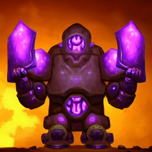 Image similar to purple glow coming off of ancient runic armored golem high detail, artstation, award winning masterpace