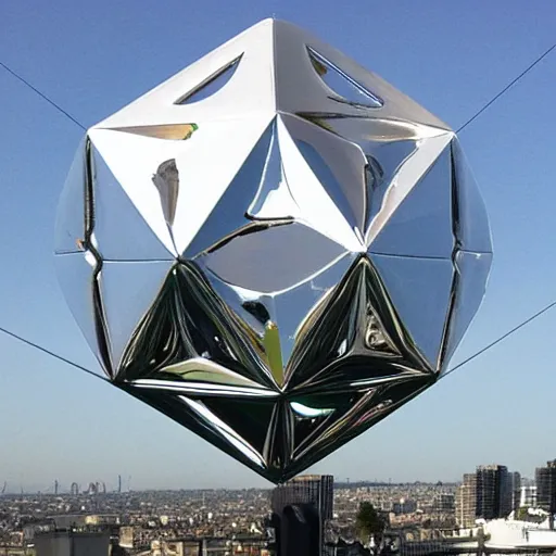 Prompt: ( very very large ) chrome dodecahedron! floating over a modern city