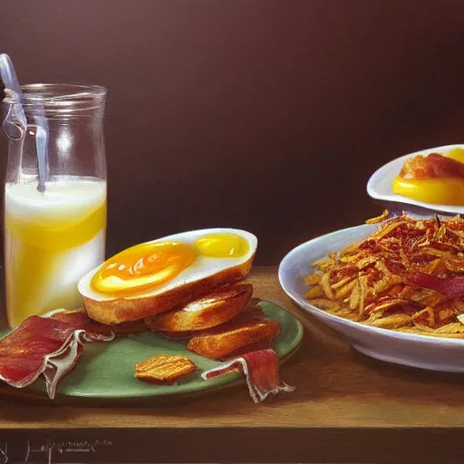 Prompt: Bacon, Hash browns and an over easy egg by Joe Jusko, rendered in hyperdetailed Ultra HD, trending on ArtStation, luminous