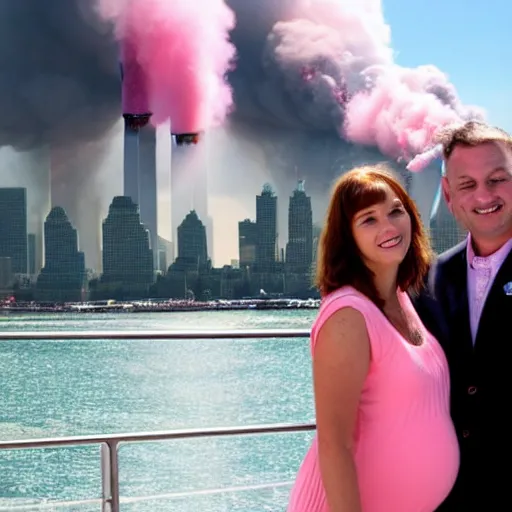 Image similar to a close up of a smiling couple of parents to be, in front of 9 / 1 1 with pink smoke, clear details, award winning