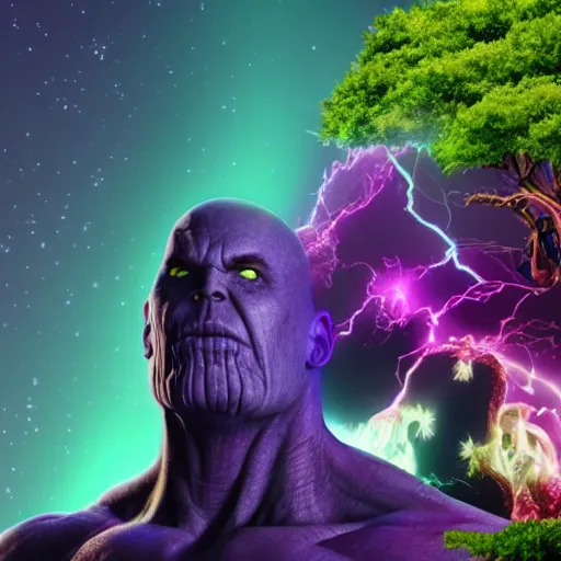 Prompt: thanos eating psilocybin mushrooms on the top of a tree glowing in florescent colors