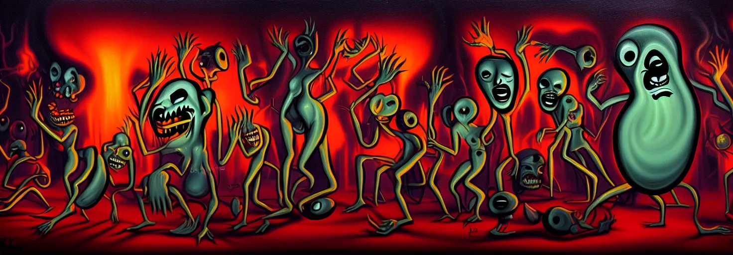 Image similar to visceral freaky monsters from the darkest depths of collective unconscious, dramatic glowing lighting, 1 9 3 0 s fleischer cartoon characters, wild emotional expressions - surreal painting by ronny khalil