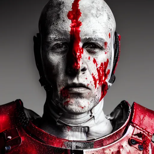 Prompt: headshot of a 5 0 year old soldier wearing blood - spattered glossy sleek white dinged scuffed armor and a long torn red cape, heroic posture, battle - weary, strained expression, determined expression, no helmet, on the surface of mars, dramatic lighting, cinematic, sci - fi, hyperrealistic, detailed