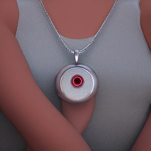 Image similar to 3 d silver beserk behelit pendant with glowing eyes, futuristic jewelry on wheat chain necklace, high definition, octane render, studio lighting