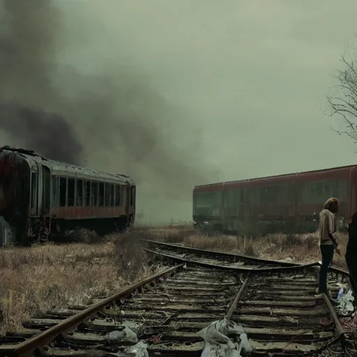 Image similar to trainwreck, boxcar destruction, atmospheric and depressed, post-apocalyptic, Cinematic, film still from a horror movie