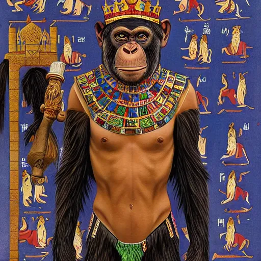 Image similar to A body art that features a chimpanzee surrounded by a castle turret. The chimp is shown wearing a crown and holding a scepter, and the castle is adorned with banners. ancient egyptian papyrus, Sumerian by Jesper Ejsing, by Warren Ellis, by John Harris ghostly