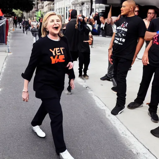 Prompt: hillary clinton wearing vlone and yeezys
