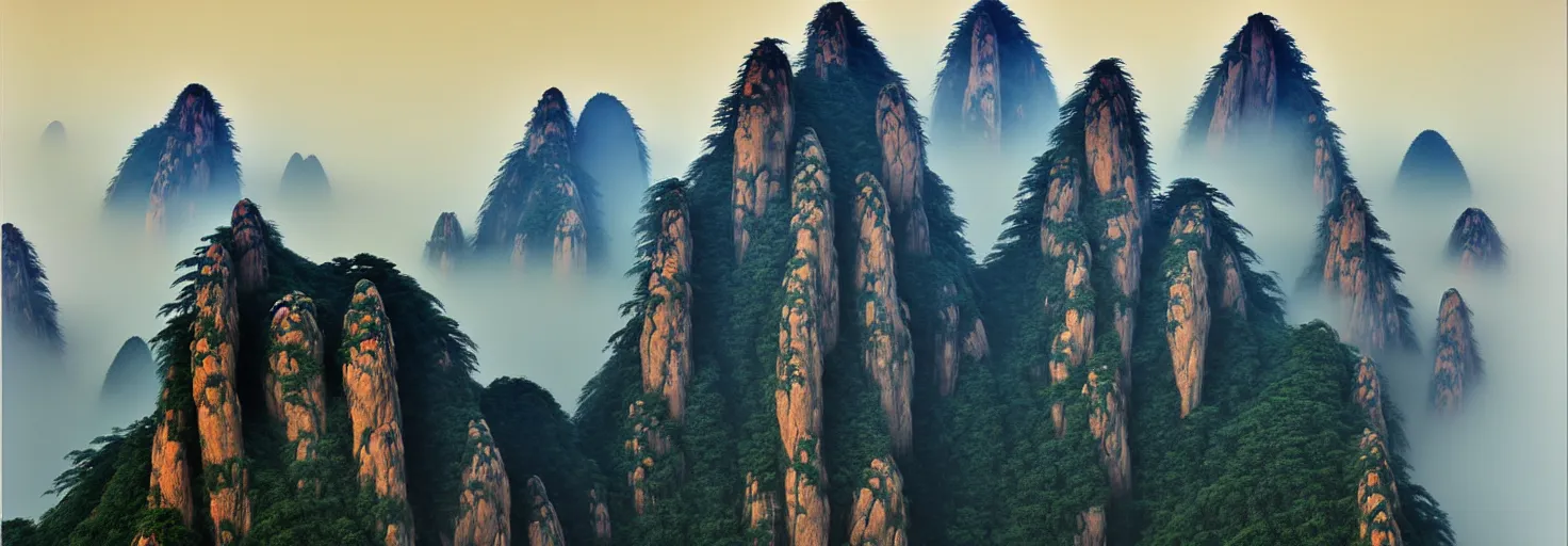 Image similar to chinese shanshui 山 水 painting of huangshan on a foggy day by shenzhou 沈 周