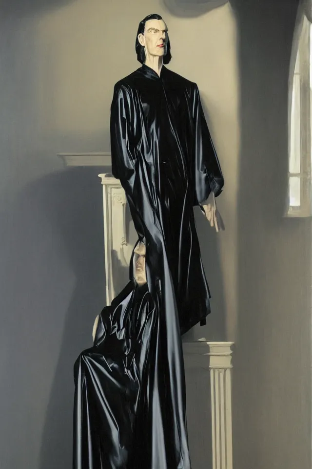 Image similar to painting of a beautiful tall thin man with pale skin, in black latex robes by bill sienckiwicz, high detail, high contrast, rim light, atmospheric