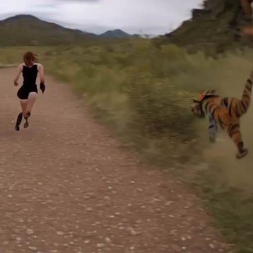 Image similar to screenshot of go pro footage from front view emma watson running in front of tiger over shoulder tiger behind emma