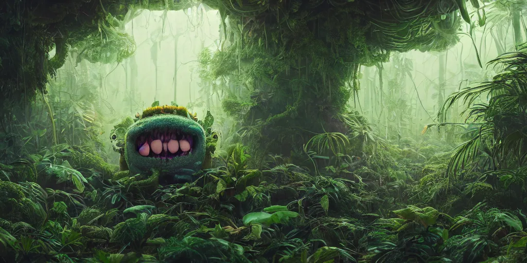 Prompt: of an intricate murky jungle with strange cute friendly laughing creatures with huge eyes, long tongue, square teeth and funny face appearing from the foliage, in the style of mike winkelmann, macro lens, shallow depth of field, highly detailed, digital painting, trending artstation, concept art, illustration, cinematic lighting, vibrant colors, photorealism, epic, octane render