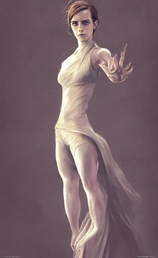 Image similar to emma watson with an very long torso, possibly extra limbs, intricate, detailed, volumetric lighting, digital painting, concept art, by artgerm and greg rutkowski