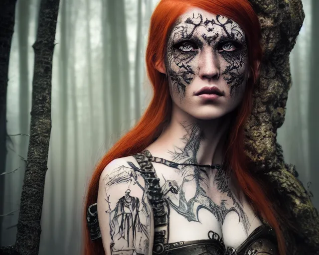 Image similar to 5 5 mm portrait photo of an armored gorgeous anesthetic redhead woman warrior with a face tattoo and cat eyes and horns growing from her head, in a magical forest in the style of greg rutkowski. by luis royo. highly detailed 8 k. intricate. lifelike. soft light. nikon d 8 5 0. cinematic post - processing