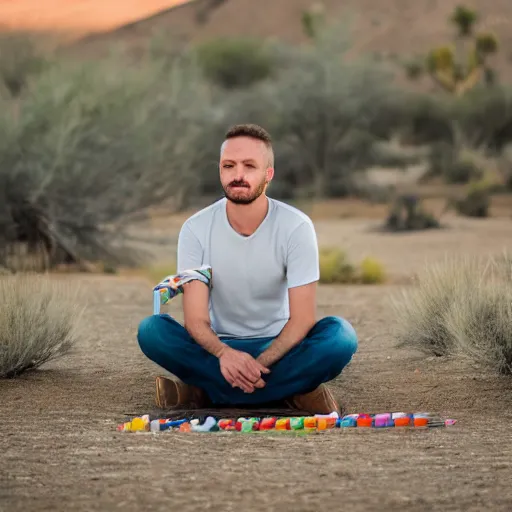 Image similar to portrait of a man in cameo sitting in the desert eating some delicious crayons, beautiful composition, 5 0 mm f 1. 8, ambient light