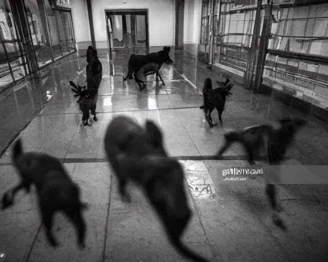 Prompt: camera footage of a 3 Aggressive Feral Black Dogs with rabies Chasing a young woman in an abandoned shopping mall, high exposure, dark, monochrome, camera, grainy, CCTV, security camera footage, timestamp, zoomed in, Feral, fish-eye lens, Nightmare Fuel, Dog, Evil, Bite, Motion Blur, horrifying, lunging at camera :4