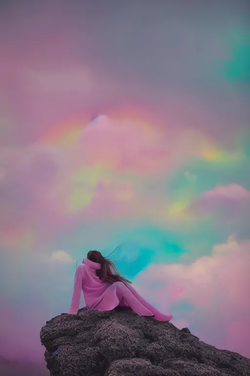 Image similar to high quality pastel coloured film close up wide angle photograph of a model wearing clothing resting on cloud furniture in a icelandic black rock!! environment in a partially haze filled dreamstate world. three point light, rainbow. photographic production. art directed. pastel colours. volumetric clouds. pastel gradient overlay. waves glitch artefacts. extreme facial clarity. 8 k. filmic.