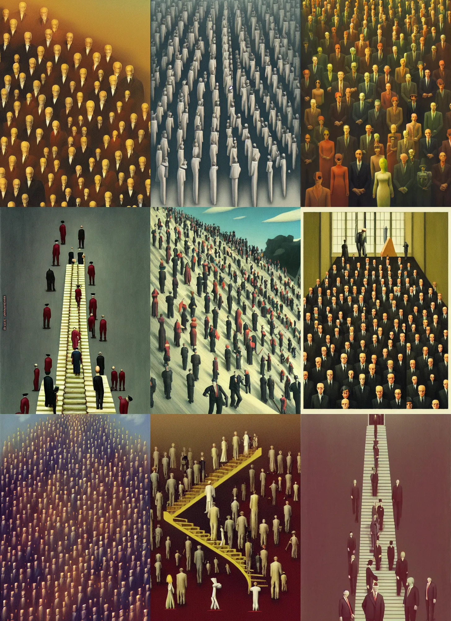 Prompt: tilt-shift of a staircase of marching business people, Edward Hopper and James Gilleard, Zdzislaw Beksinski, Mark Ryden, Wolfgang Lettl highly detailed, hints of Yayoi Kasuma
