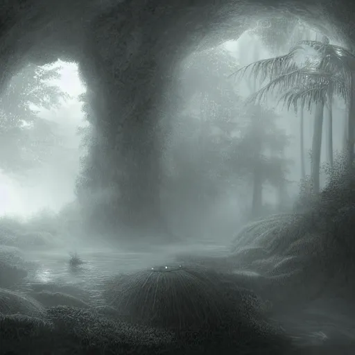 Prompt: (((glowing))) treasure chest in ethereal lush cave with mystical ambiance and fog, desaturated, realistic, sharp focus, highly detailed, by artgerm