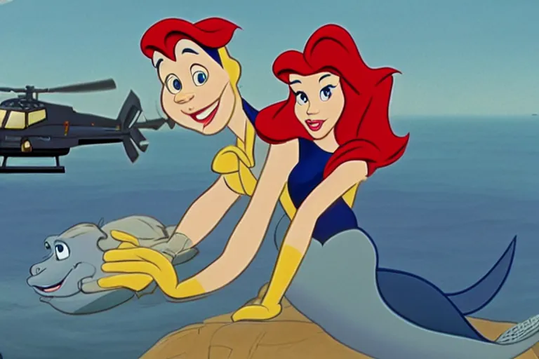 Prompt: still from the disney cartoon, little mermaid enlists in the navy, animated military, helicopters