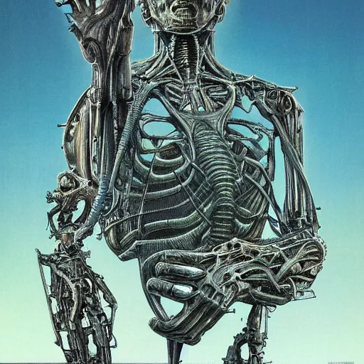 Image similar to biomechanical human raising his hands into the sky of the machine by wayne barlowe