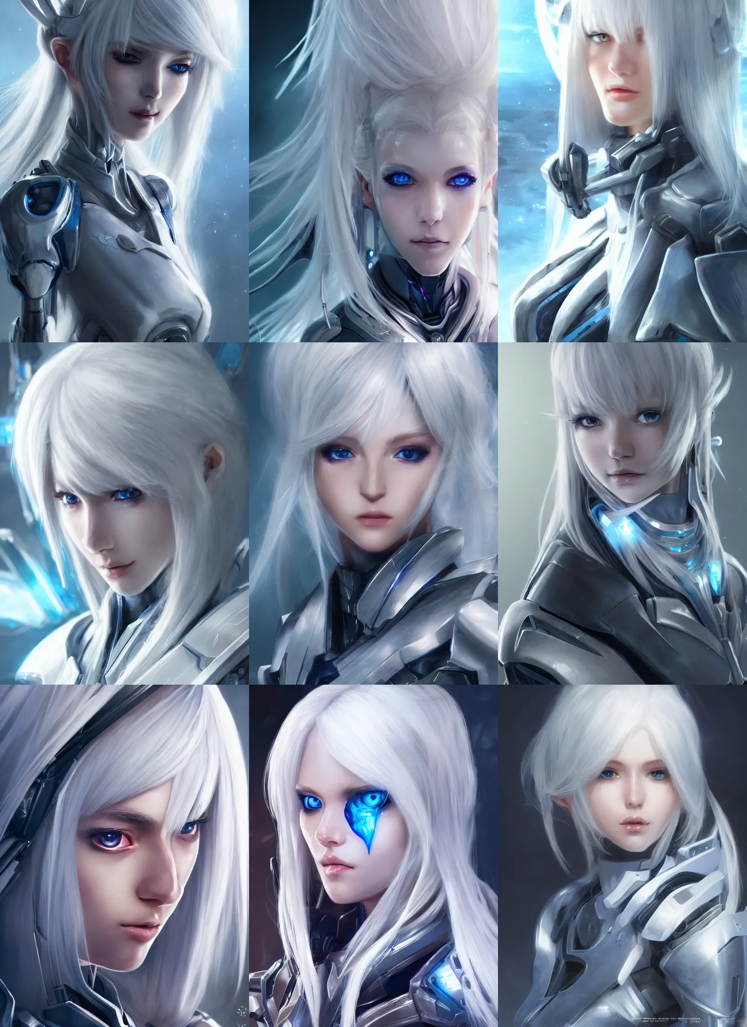 Image similar to detailed portrait of perfect white haired girl, android, warframe armor, beautiful, pretty face, blue cyborg eyes, innocent, scifi, 4 k, sun yunjoo, ultra realistic, aura of light, cinematic lighting, highly detailed, sharp focus, artstation, masterpiece, art by hyungjin yang and akihiko yoshida