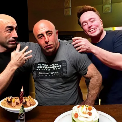 Prompt: joe rogan celebrating his birthday with elon musk and tim dillon in real life, 8 k, 4 k uhd, realistic, hyper realistic, super detailed, very detailed, detailed