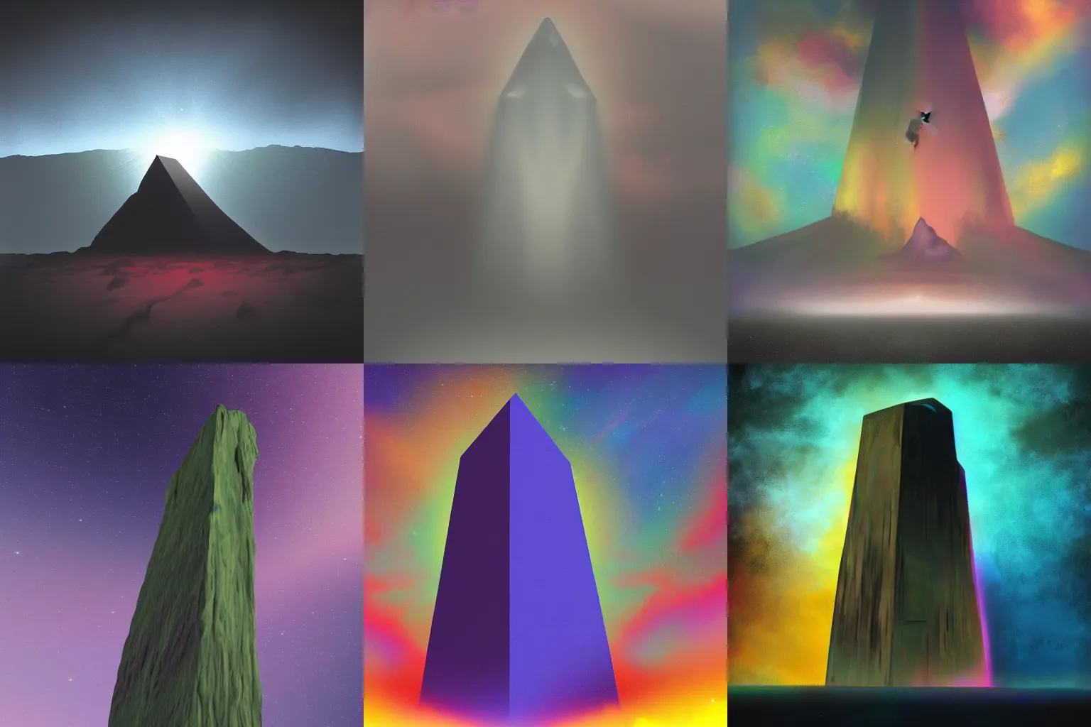 Prompt: an alien monolith beneath a dead sky polychromatic color scheme