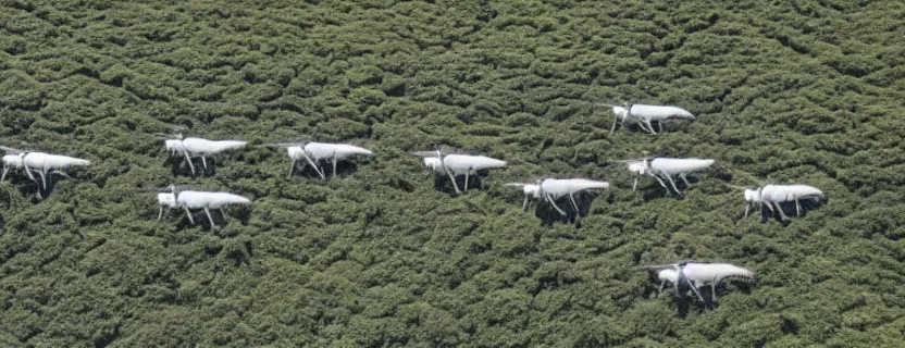 Prompt: djerassi artist residence program, stampede of 10 t-rexs, drone photograph