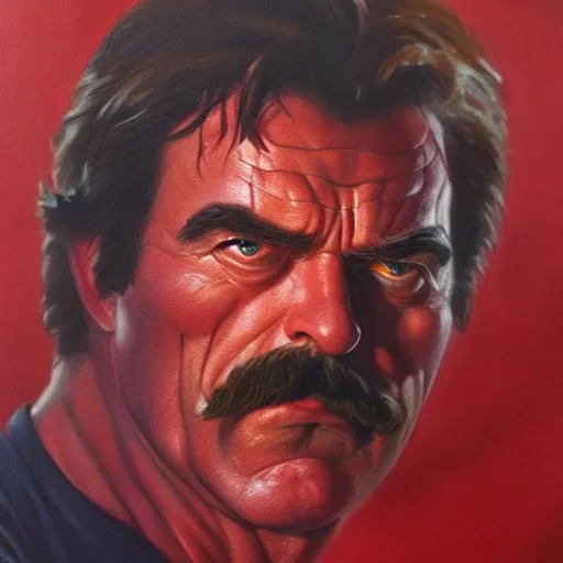 Prompt: ultra realistic portrait painting of tom selleck as hellboy, art by frank frazetta, 4 k, ultra realistic, highly detailed, epic lighting