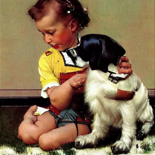 Prompt: A baby playing with her puppy dog, artwork by Norman Rockwell, cinematic composition