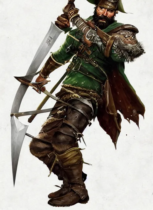 Image similar to strong young man, photorealistic bugbear ranger holding sword, fire magic, black beard, dungeons and dragons, pathfinder, roleplaying game art, hunters gear, jeweled ornate leather and steel armour, concept art, character design on white background, by norman rockwell, makoto shinkai, kim jung giu, artstation trending, poster art, colours red and green