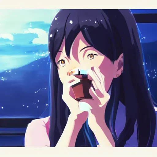 Image similar to beautiful closeup anime painting of a young woman with dark blue hair drinking tea, by makoto shinkai, kimi no na wa, artstation, atmospheric, high detail