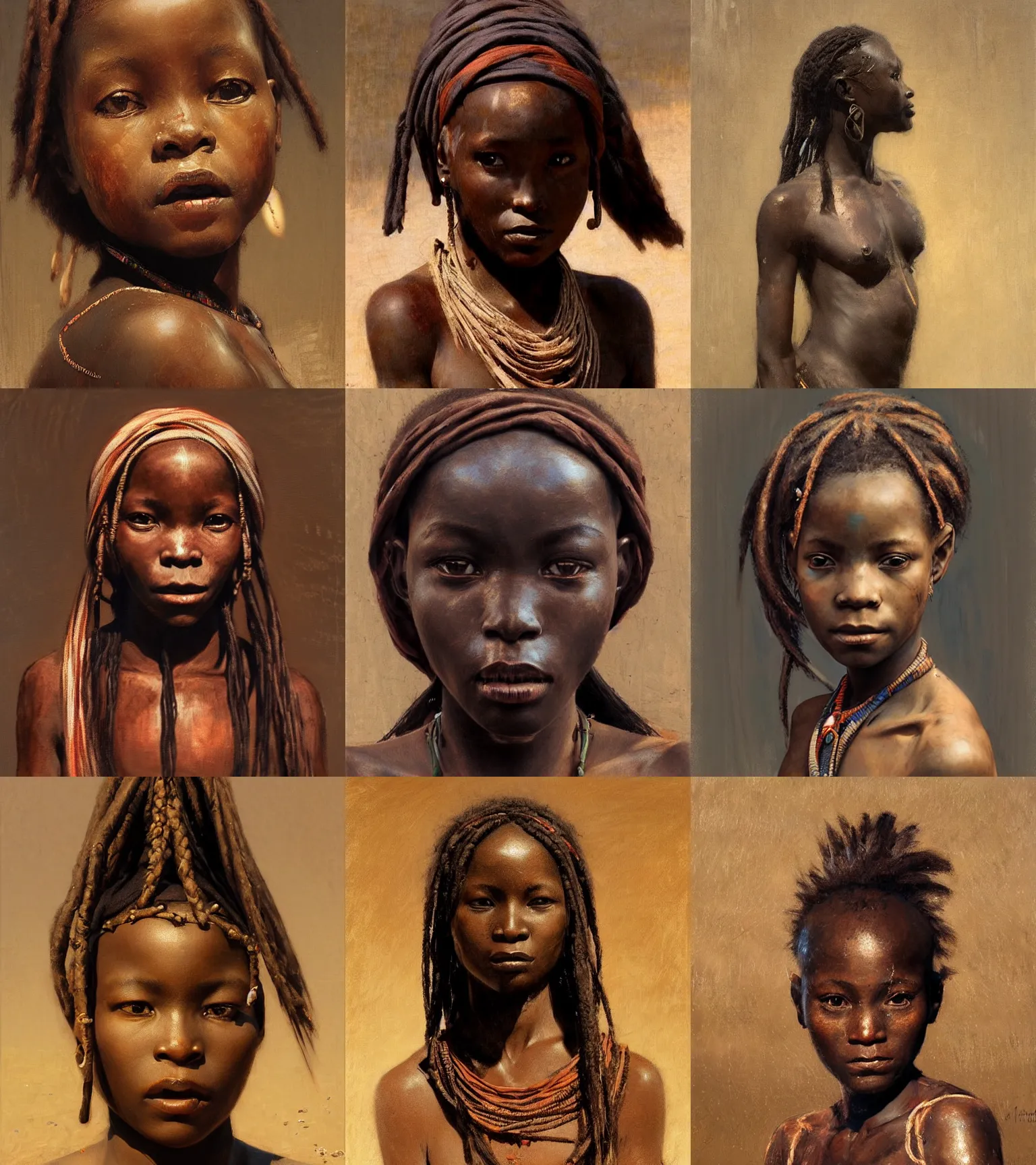 Prompt: black himba girl, intricate, elegant, highly detailed, artstation, concept art, sharp focus, ruan jia, jurgens, orientalism, bouguereau