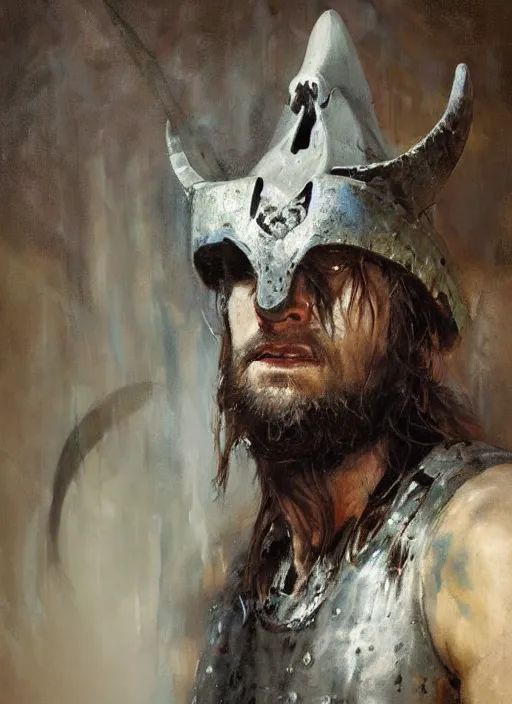 Prompt: portrait painting of viking berserker with a dinosaur skull headdress, by jeremy mann, only one head single portrait