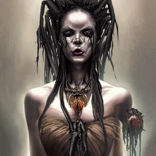 Image similar to Dark Fantasy Painting of a voodoo witch with a sinister evil look on her face, black widow spiders in her hair, creepy, unsettling, horror, upper body, wearing a dark dress, intricate, wild, highly detailed, digital painting, artstation, concept art, smooth, sharp focus, illustration, art by artgerm and greg rutkowski and alphonse mucha