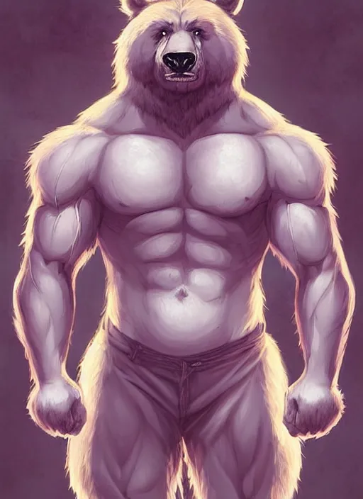 Image similar to award winning beautiful portrait commission art of a muscular male furry anthro grizzly bear fursona with a cute beautiful attractive detailed furry face wearing gym shorts and a tanktop at the gym. Character design by charlie bowater, ross tran, artgerm, and makoto shinkai, detailed, inked, western comic book art