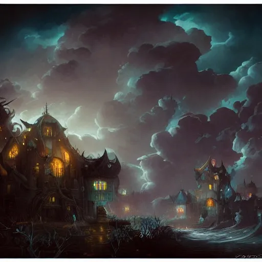 Image similar to Detailed Exterior Shot of Stormy Nightmare Evil Stormy!!! Rundetårn, light of hell, moonlight shafts, flock of birds, moody grim atmosphere, in Style of Peter Mohrbacher, cinematic lighting