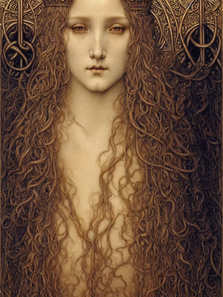 Image similar to detailed realistic beautiful young medieval queen face portrait by jean delville, gustave dore and marco mazzoni, art nouveau, symbolist, visionary, gothic, pre - raphaelite. horizontal symmetry